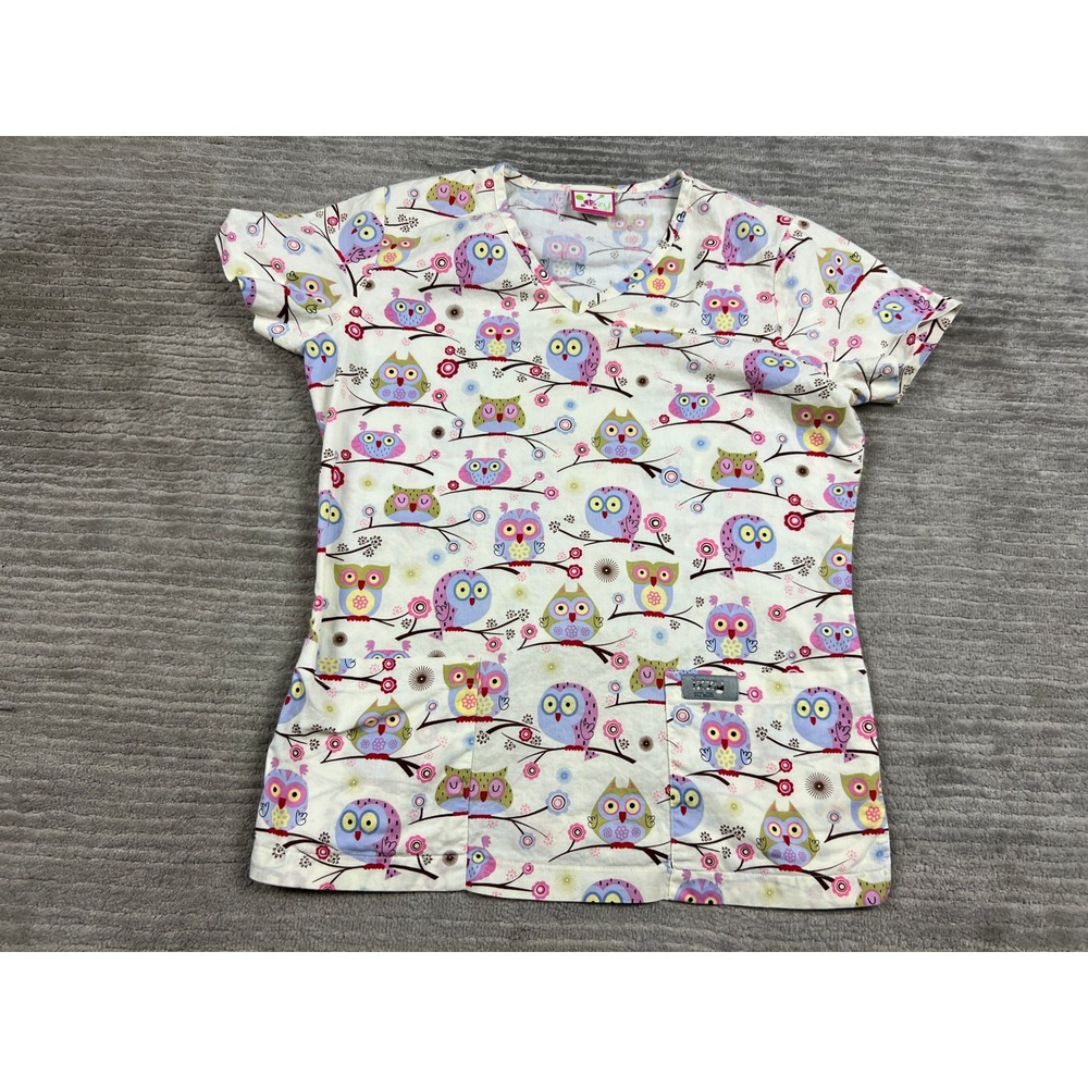 Izzy Scrubs Scrub Top Women L White Owl Print V-Neck Short‎ Sleeve Cotton 26078